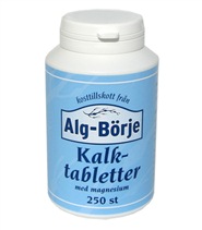 Kalktabletter fr�n Alg-B�rje. Alg-B�rjes Kalktabletter best�r av aminosyrekeleterad kalcium och fosfor med vitamin D-3.