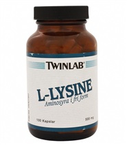L-Lysin fr�n Twinlab. Lysin �r en essentiell aminosyra som har en m�ngd viktiga kroppsfunktioner.