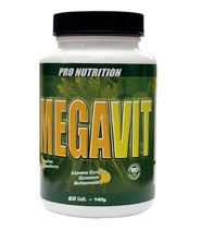 Megavit fr�n Pro Nutrition. H&ouml;gdoserad multivitamin- och mineralprodukt framtagen f&ouml;r tr&auml;nande atleter. Prisv&auml;rd, r&auml;cker i 60 dagar.