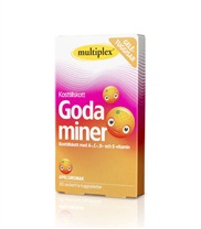 Multiplex Goda Miner fr�n Multiplex. Goda miner �r sockerfria gel�tuggisar med god smak av apelsin. Vitamintuggisarna inneh�ller A-,C-,D- och E-vitamin och kan �tas av hela familjen.
