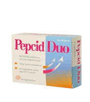 Pepcid duo fr�n Johnson & Johnson. Receptfritt l�kemedel. Pepcid duo �r ett l�kemedel som anv�nds f�rkorttidsbehandling av symptomen vid tillf�llig halsbr�nna och sura uppst�tningar.