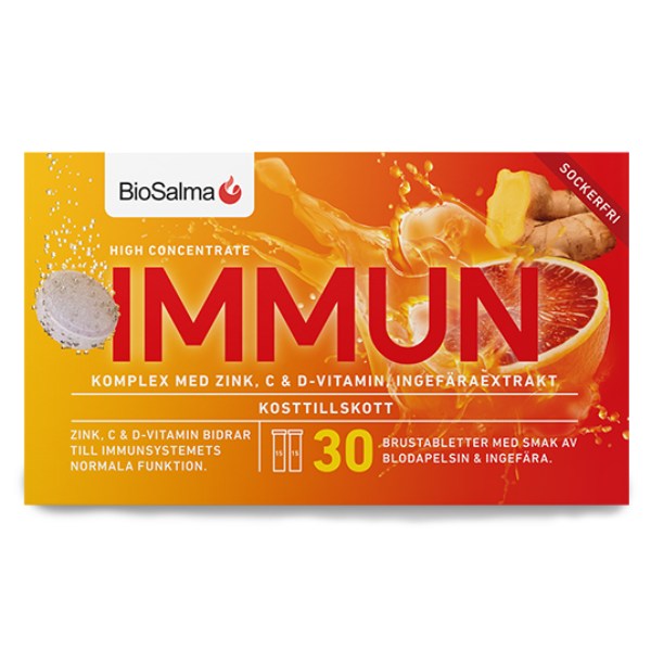 BioSalma Immun C+D-vitamin Zink, Blodapelsin & Ingefära, 30 brustabletter