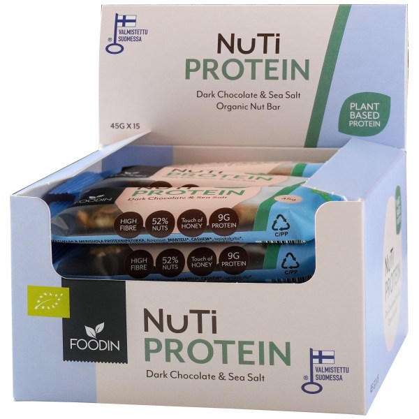 Foodin NUTI Protein Bar Organic, Dark Chocolate & Sea Salt, 15-pack
