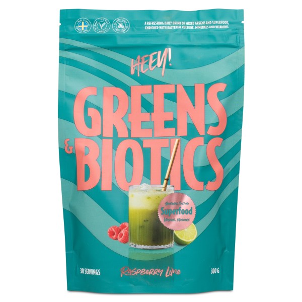 HEEY Greens & Biotics, Superfood + Probiotics, Hallon/Lime, 300 g