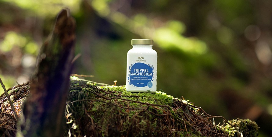 En burk med Healthwell Trippel Magnesium på en mossig stubbe i en skog.