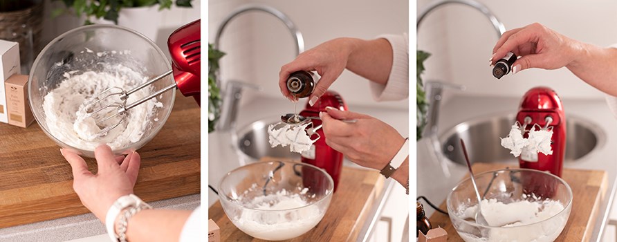 En skl med body butter som vispas med elvisp, och eterisk olja som droppas i. 