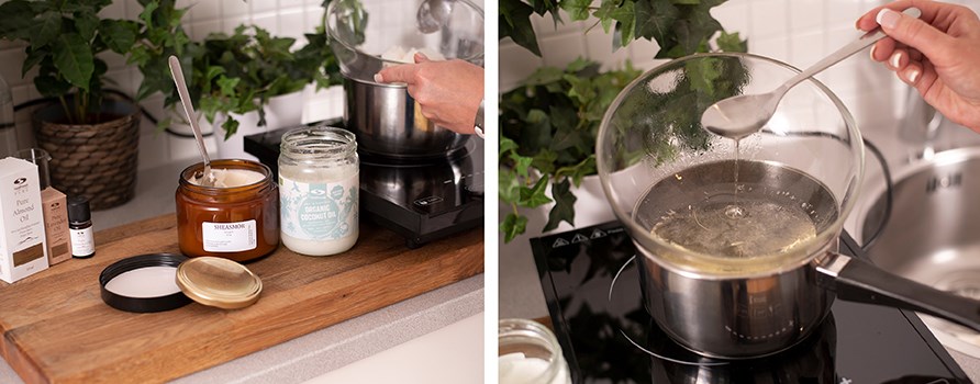 Ingredienser till body butter och sheasmr som smlter i ett vattenbad. 