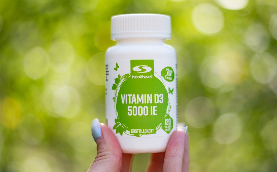 En burk Healthwell Vitamin D3 5000 IE. En burk Healthwell Vitamin D3 5000 IE.