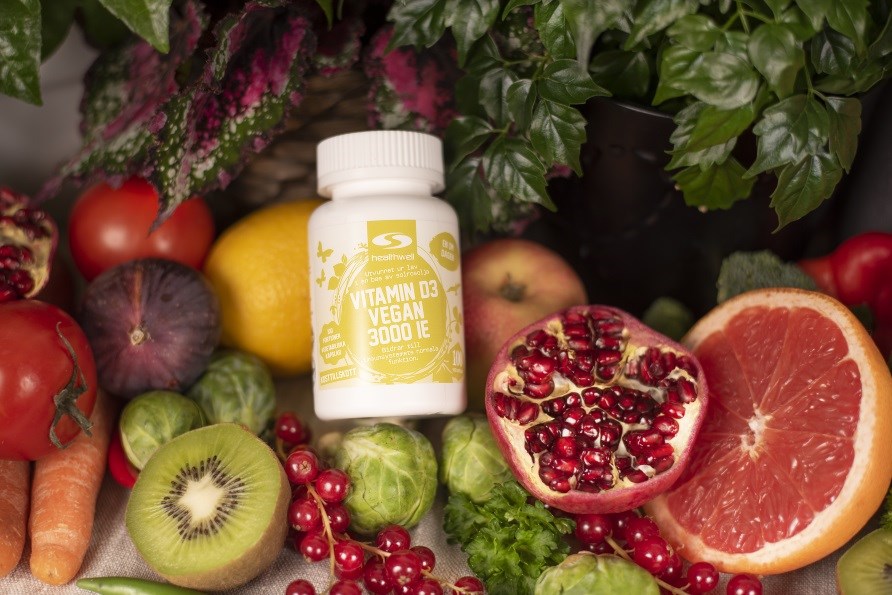 Healthwell Vitamin D3 Vegan 3000 IE bland frukt och grnt.