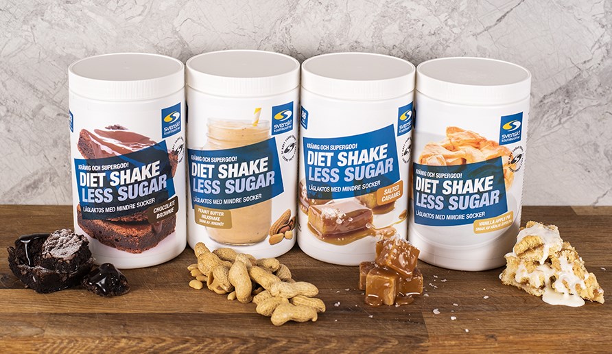 Samlingsbild på alla smaker av Diet Shake Less Sugar.