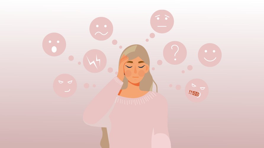 Illustration av en kvinna som h�ller sig f�r huvudet, som ocks� har tankebubblor sv�vandes �ver henne. Tankebubblorna �r runda och ser ut som smileys med olika k�nslouttryck.