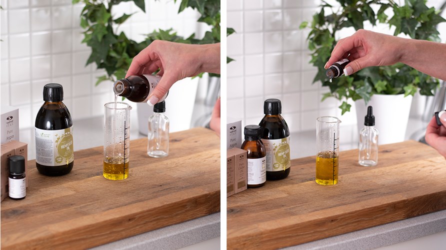 Två bilder på person som häller i olja och eterisk olja i ett mätglas. Två bilder på person som häller i olja och eterisk olja i ett mätglas.
