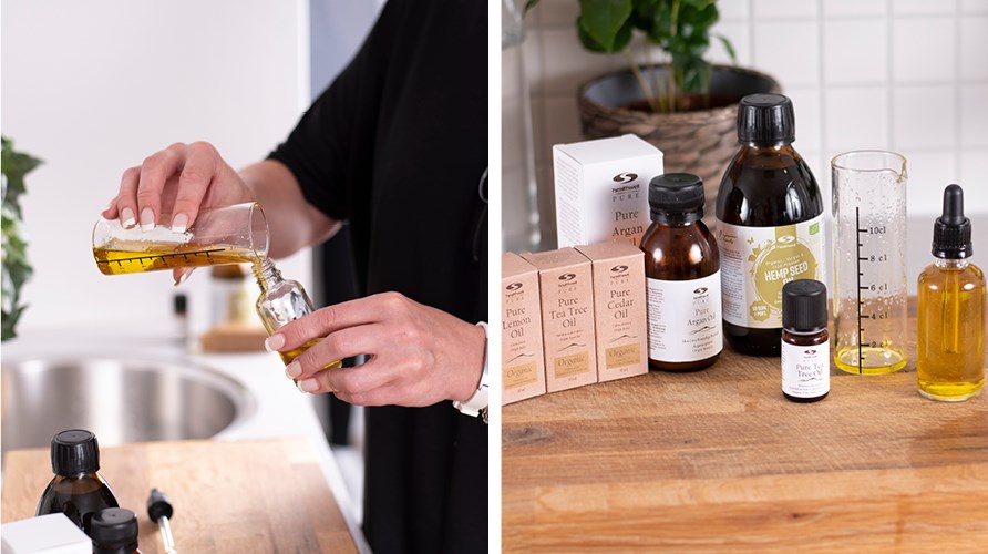 En bild på olja i ett mätglas och en bild på eteriska oljor och färdig skäggolja. En bild på olja i ett mätglas och en bild på eteriska oljor och färdig skäggolja.