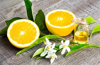 Bild p en delad citron och en flaska fylld med eterisk citronolja.