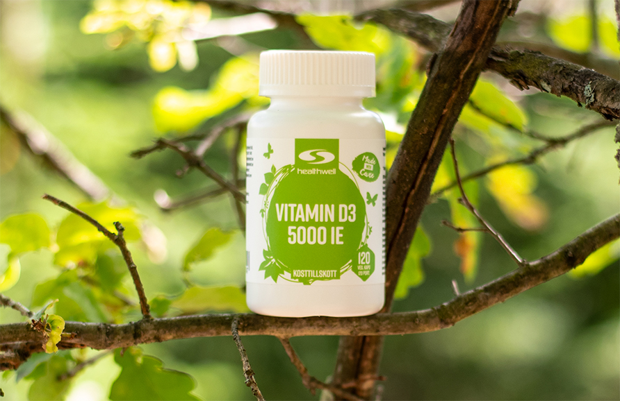 En burk Healthwell Vitamin D3 5000 IE.